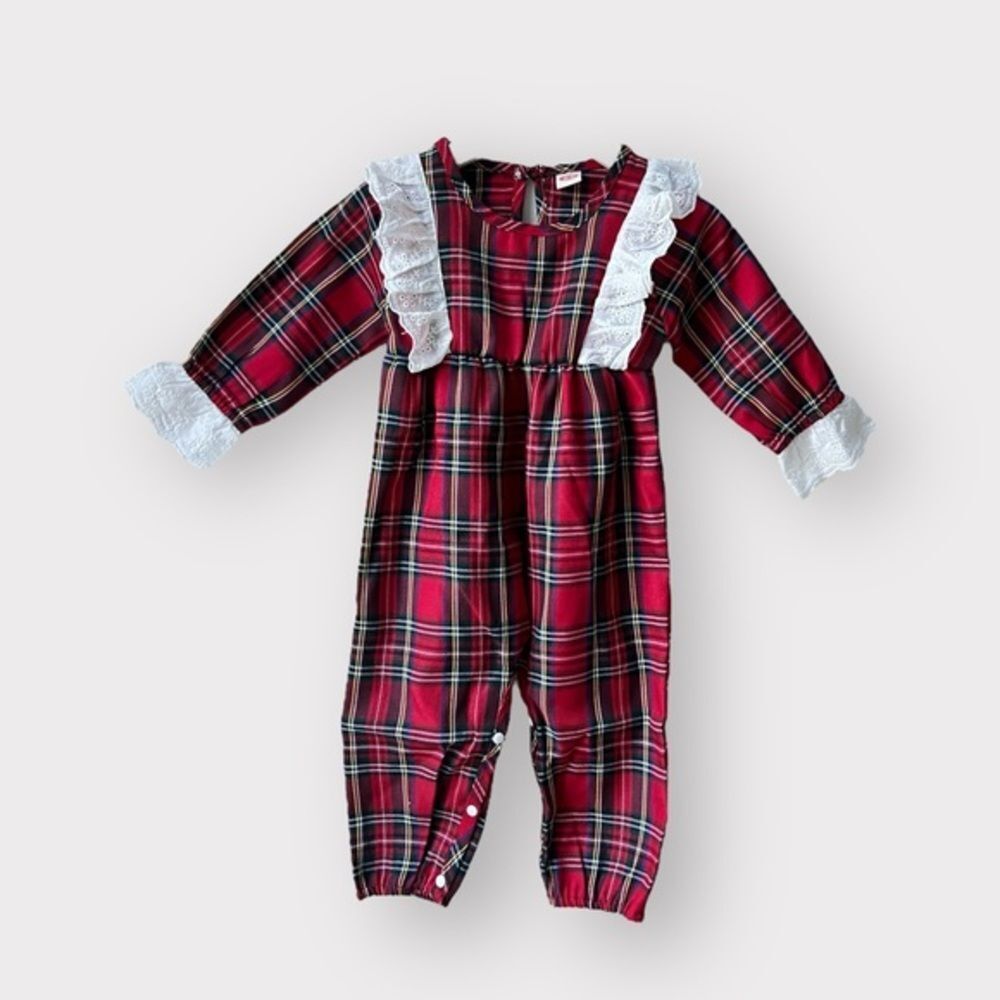 New Romper preppy baby girl tartan plaid jumpsuit red white 6-9M